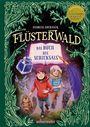 "FLÜSTERWALD: DAS BUCH DES SCHICKSALS" von Andreas Suchanek, Illustration mit Kindern, Tieren und magischen Elementen.