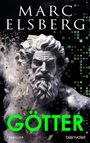 Text oben: "MARC ELSBERG", unten: "GÖTTER", "THRILLER", "blanvalet". Illustration eines zerbröckelnden, digitalen Marmorkopfes.
