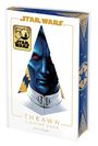 "STAR WARS", "THRAWN", "TIMOTHY ZAHN", "penhaligon" sowie ein goldenes 50-Jahre-Jubiläumslogo. Blaue Figur mit roten Augen.