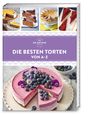„Die besten Torten von A-Z“. Oben kleine Bilder von Torten. Unten große, pinkfarbene Torte mit Blaubeeren und Blumen.
