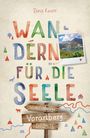 Titel: "Wandern für die Seele". Dina Knorr. Illustration: Bunte Buchstaben, Fotoszene, Berge, Blumen, Wegweiser und Symbole der Natur.