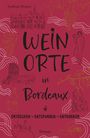 "Weinorte in Bordeaux. Entdecken ~ Entspannen ~ Entkorken." Zeichnungen von Weinmotiven und einem Gebäude auf rotem Hintergrund.