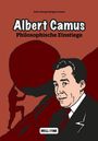 "Albert Camus, Philosophische Einstiege" von Jutta Georg und Ansgar Lorenz. Illustration: Mann blickt mit Hintergrundfigur Sisyphus.