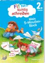 „Fit für... Richtig schreiben“, „2. Klasse“, „Mein 5-Minuten-Block“. Zwei Affen mit Papierfliegern auf einer Wiese.