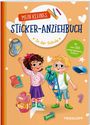 „MEIN KLEINES STICKER-ANZIEHBUCH In der Schule“ Illustration mit zwei Kindern und Schulsachen auf orangem Hintergrund.