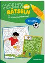 Titel: "Malen und Rätseln für Kindergartenkinder". Motiv: Fußballspiel, Labyrinth und Malen nach Zahlen.