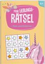 „Meine Lieblingsrätsel ~ Feen und Einhörner ~ 4+“. Eine Fee, Sternraster, Einhorn, pastellene Farbtöne.