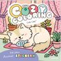 "Mit süßen Ausmal-Stickern," darüber "Mein Cozy Coloring: Cute Cats". Eine Illustration mit Katze, Pflanzen, Vorhang.
