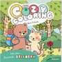 "Mein Cozy Coloring Best Friends" steht oben. Ein Bär und eine Katze im Wald, beide lächeln und halten Händchen.