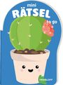 „mini RÄTSEL to go“. Ein fröhlicher, grüner Kaktus mit rosa Blume in einem lächelnden Tontopf.