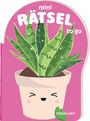 "mini RÄTSEL to go" auf pinkem Hintergrund, Illustration: Lachender Blumentopf mit grüner Pflanze.