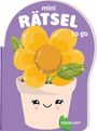 „mini RÄTSEL to go“, lila Hintergrund, gelbe Blume im Topf mit einem lächelnden Gesicht, Illustration.