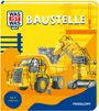 "BAUSTELLE", "Ab 3 Jahren", "WAS IST WAS MINI". Illustration: Bagger, LKW, Arbeiter in gelber Szenerie.