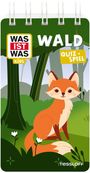 "Was ist was Kids", "Wald", "Quiz + Spiel". Illustration eines Fuchses im Wald, umgeben von Bäumen und Blumen.