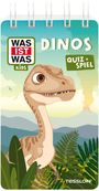 "Was ist was Kids", "DINOS", "Quiz + Spiel". Illustration eines Dinosauriers vor Vulkanlandschaft.