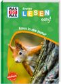 Text: "Erstes LESEN easy! Raus in die Natur". Ein Eichhörnchen klettert an einem Baumstamm. Farbiges, kinderfreundliches Design.