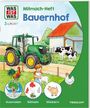 „Mitmach-Heft Bauernhof“ steht oben. Ein grüner Traktor, Kühe, Hühner und ein Kind sind dargestellt.
