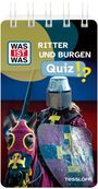 "RITTER UND BURGEN Quiz". Ein Ritter auf einem Pferd mit violetten Verzierungen und einem Schild, steht im Fokus.