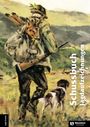 „Schussbuch Jagdaufzeichnungen“ steht rechts. Ein Jäger mit erlegtem Reh und Hund in bergiger Landschaft. Gemälde.