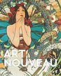 "ART NOUVEAU" steht in weißen Großbuchstaben. Illustration einer Frau mit roten Blumen im Haar, umgeben von Pflanzen.