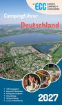 Campingführer Deutschland 2027. Luftaufnahme eines Campingplatzes, mehrere kleine Fotos von Aktivitäten in Kreisen rechts.