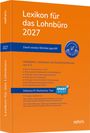 „Lexikon für das Lohnbüro 2027“ in Weiß auf Orange. Blaue Elemente: „Damit werden Betriebe geprüft!“, „Inklusive KI-Recherche-Tool“.