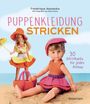 Titel: "Puppenkleidung Stricken". Zwei Puppen am Strand in bunt gestrickter Kleidung, eine sitzt, die andere steht mit einem Sonnenschirm.
