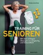„Training für Senioren“, Frau macht Bauchübungen auf Matte, gelbe Hanteln und Handtuch daneben.