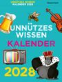 „UNNÜTZES WISSEN KALENDER 2028“: Bierkrug, Biene, Geige, Retro-TV, Krönchengorilla auf türkisfarbenem Hintergrund.