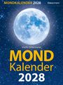"Mondkalender 2028" in gelber und weißer Schrift, großer Vollmond im Sternenhimmel, blauer Hintergrund.
