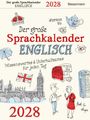 Titel: Der große Sprachkalender ENGLISCH 2028. Illustrationen britischer Symbole wie Tee, Bus, Big Ben und Flagge.