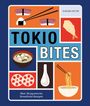 Text: "TOKIO BITES", "Kurumi Hayter", "Über 50 japanische Streetfood-Rezepte". Illustration mit Sushi, Miso, Ramen, Tempura.