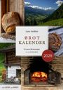 Text: „Lutz Geißler, BROT KALENDER, 12 neue Brotrezepte, 2028“. Bilder: Brotlaib, Landschaft, Holzhütte, Ofen mit Feuer.