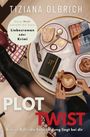 "Plot Twist", "Tiziana Olbrich", "Kiss or Kill", "Deine Wahl...", Tisch mit Kaffee, Notizbuch, Brot, Brezel, Stift, Brille, Keks.
