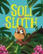 "Soli the Sloth in Panama" in gelbem und pinkem Text. Illustration: Fröhliches Faultier in üppigem, grünem Dschungel, rosa Blumen.