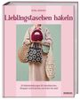 Buchtitel: "Lieblingstaschen häkeln", Autorin: Ulrika Jidström. Eine Person hält mehrere gehäkelte Taschen.