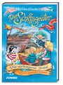 Cover eines Kinderbuchs. Zwei Kinder in einem Boot, Geister und ein Schiffswrack im Hintergrund. Lebhafte Farben.