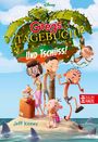 "Gregs Tagebuch 12: Und tschüss! Baumhaus. Jeff Kinney." Cartoon-Figuren auf einer Insel mit Haiflossen im Wasser.