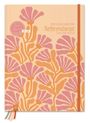 "Mein Schulplaner fürs Referendariat, Schuljahr 2027/28". Blütenmuster in Orange und Rosa mit elastischem Verschluss.