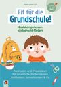 Oben: "Fit für die Grundschule! Basiskompetenzen kindgerecht fördern". Ein Kind und ein Rucksack.