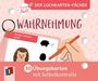 „Klasse Null“, „DER LOCHKARTEN-FÄCHER“, „WAHRNEHMUNG“, „Welcher Schatten passt?“, „30 Übungskarten mit Selbstkontrolle“. Illustration eines Igels.