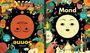 "Ximo Abadía, Mond, Wende-buch, Sonne, bunte Illustrationen von Sonne, Mond, Menschen und Planeten auf dunklem Hintergrund."