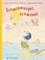„Schwimmvogel, schwimm!“ Ein Pinguin mit Badeanzug steht auf einem Steg, umgeben von fliegenden Vögeln.