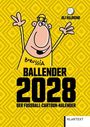 „Ballender 2028: Der Fußball-Cartoon-Kalender“. Cartoon eines lächelnden Charakters in Borussia-Kleidung auf gelbem Muster.