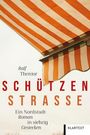 „Ralf Thenior, SCHÜTZEN STRASSE, Ein Nordstadt-Roman in siebzig Gestecken.“ Streifige Markise in Orange und Weiß.