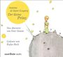 "Antoine de Saint-Exupéry: Der kleine Prinz. Neu übersetzt von Peter Stamm. Gelesen von Rufus Beck." Illustration: Kleiner Prinz auf einem kleinen Planeten mit Sternen.