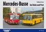 "Mercedes-Busse bei Bahn und Post" von Volkhard Stern. Zwei Busse: ein roter und ein gelber, mit unterschiedlichen Zielen.