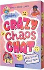 „Mein Crazy Chaos Chat“ steht in großen, bunten Buchstaben. Darunter „Neue Schule, neues Pech“ in einer Sprechblase. Smiley-Emojis.