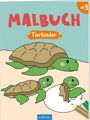 "Malbuch Tierkinder ab 3." Illustration von drei grünen Schildkröten, eine schlüpft aus einem Ei. Spielzeughafte Darstellung.