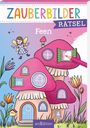 „ZAUBERBILDER RÄTSEL Feen“ steht oben. Bunte Häuser in Pilzform, eine fliegende Fee und Blumen sind abgebildet.